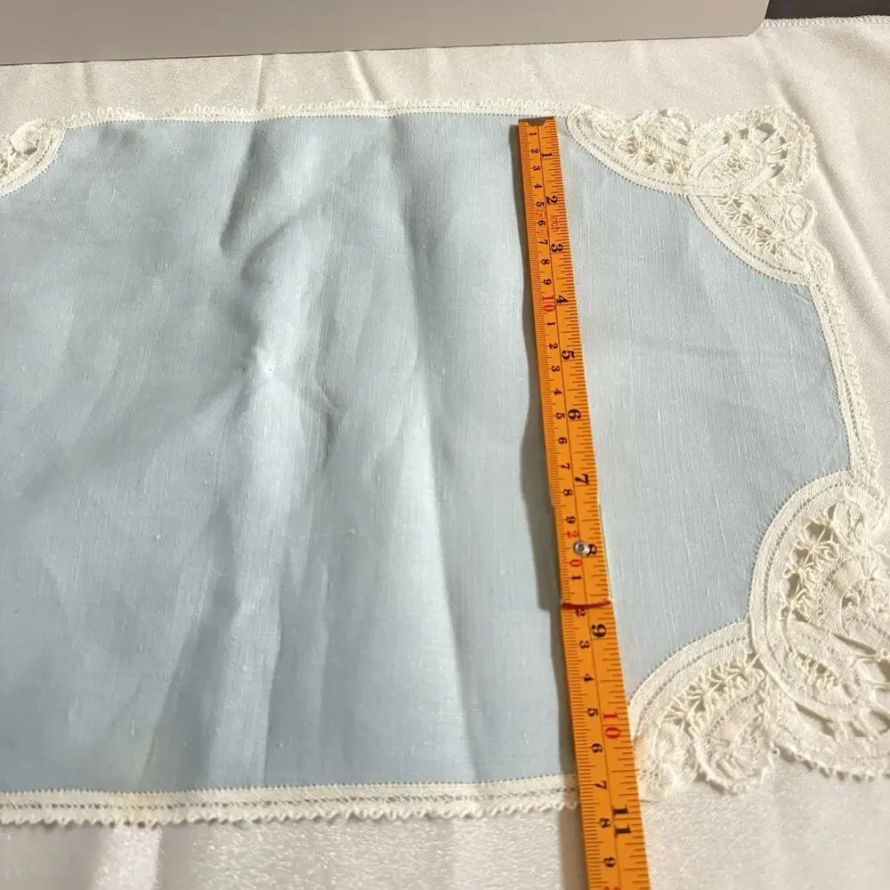 Vintage Blue Linen Placemats 16x11 Napkins 11x11 Set 23pc Lace Trim Estate